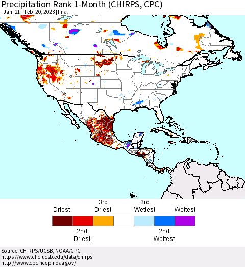 North America Precipitation Rank since 1981, 1-Month (CHIRPS) Thematic Map For 1/21/2023 - 2/20/2023