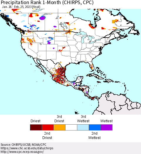 North America Precipitation Rank since 1981, 1-Month (CHIRPS) Thematic Map For 1/26/2023 - 2/25/2023