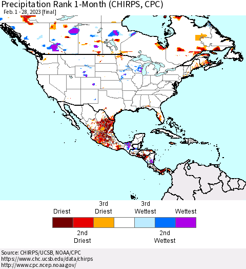 North America Precipitation Rank since 1981, 1-Month (CHIRPS) Thematic Map For 2/1/2023 - 2/28/2023