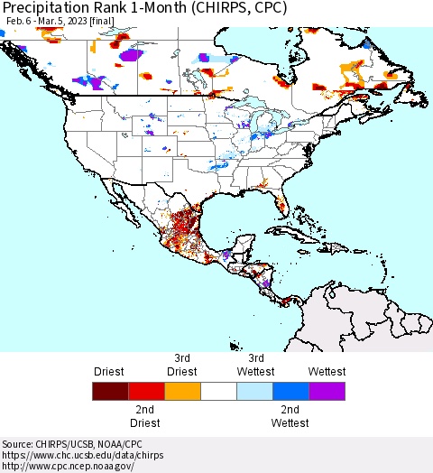 North America Precipitation Rank since 1981, 1-Month (CHIRPS) Thematic Map For 2/6/2023 - 3/5/2023