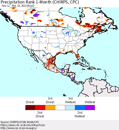 North America Precipitation Rank since 1981, 1-Month (CHIRPS) Thematic Map For 2/11/2023 - 3/10/2023