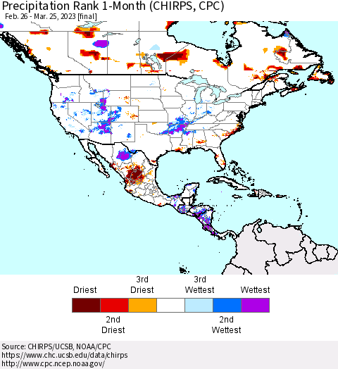 North America Precipitation Rank since 1981, 1-Month (CHIRPS) Thematic Map For 2/26/2023 - 3/25/2023
