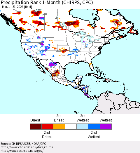 North America Precipitation Rank since 1981, 1-Month (CHIRPS) Thematic Map For 3/1/2023 - 3/31/2023