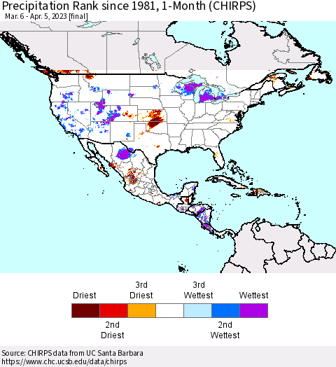 North America Precipitation Rank since 1981, 1-Month (CHIRPS) Thematic Map For 3/6/2023 - 4/5/2023