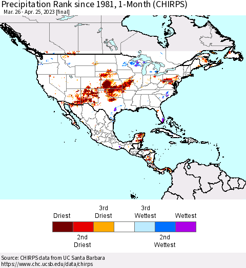 North America Precipitation Rank since 1981, 1-Month (CHIRPS) Thematic Map For 3/26/2023 - 4/25/2023