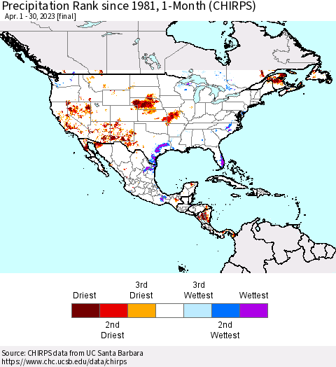 North America Precipitation Rank since 1981, 1-Month (CHIRPS) Thematic Map For 4/1/2023 - 4/30/2023