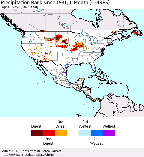 North America Precipitation Rank since 1981, 1-Month (CHIRPS) Thematic Map For 4/6/2023 - 5/5/2023