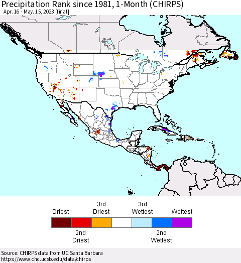 North America Precipitation Rank since 1981, 1-Month (CHIRPS) Thematic Map For 4/16/2023 - 5/15/2023