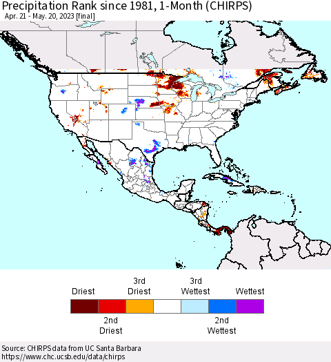 North America Precipitation Rank since 1981, 1-Month (CHIRPS) Thematic Map For 4/21/2023 - 5/20/2023