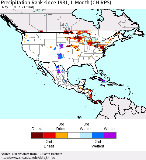 North America Precipitation Rank since 1981, 1-Month (CHIRPS) Thematic Map For 5/1/2023 - 5/31/2023