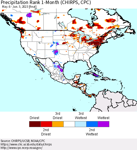North America Precipitation Rank since 1981, 1-Month (CHIRPS) Thematic Map For 5/6/2023 - 6/5/2023