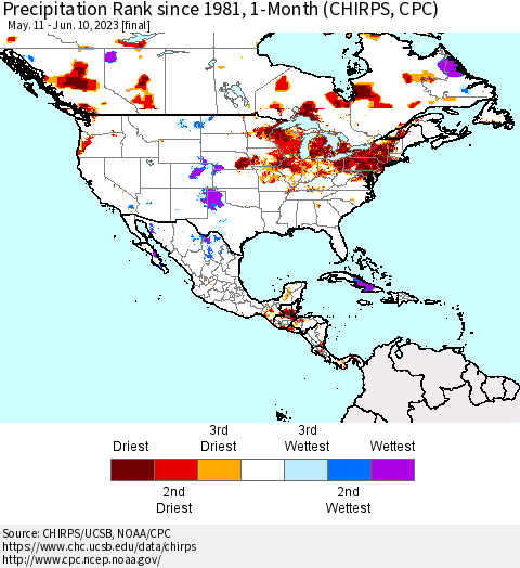 North America Precipitation Rank since 1981, 1-Month (CHIRPS) Thematic Map For 5/11/2023 - 6/10/2023