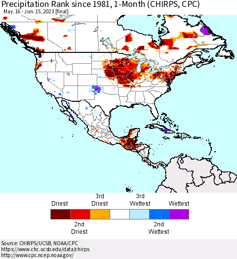 North America Precipitation Rank since 1981, 1-Month (CHIRPS) Thematic Map For 5/16/2023 - 6/15/2023