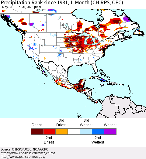 North America Precipitation Rank since 1981, 1-Month (CHIRPS) Thematic Map For 5/21/2023 - 6/20/2023