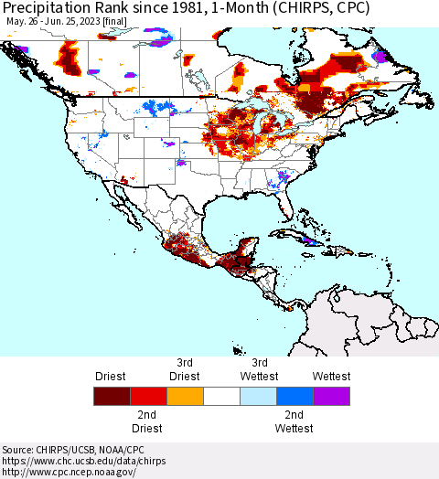 North America Precipitation Rank since 1981, 1-Month (CHIRPS) Thematic Map For 5/26/2023 - 6/25/2023