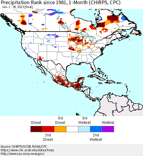 North America Precipitation Rank since 1981, 1-Month (CHIRPS) Thematic Map For 6/1/2023 - 6/30/2023