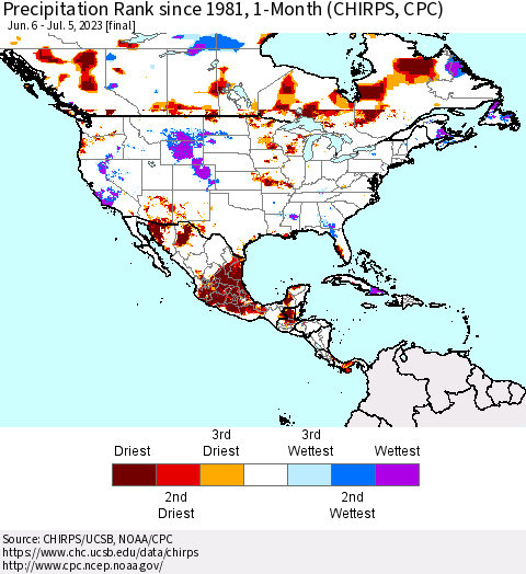 North America Precipitation Rank since 1981, 1-Month (CHIRPS) Thematic Map For 6/6/2023 - 7/5/2023