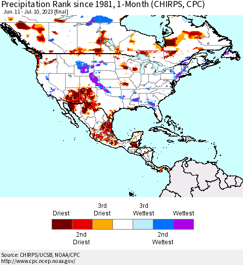 North America Precipitation Rank since 1981, 1-Month (CHIRPS) Thematic Map For 6/11/2023 - 7/10/2023