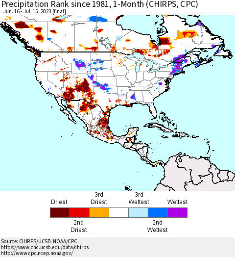 North America Precipitation Rank since 1981, 1-Month (CHIRPS) Thematic Map For 6/16/2023 - 7/15/2023