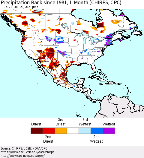 North America Precipitation Rank since 1981, 1-Month (CHIRPS) Thematic Map For 6/21/2023 - 7/20/2023