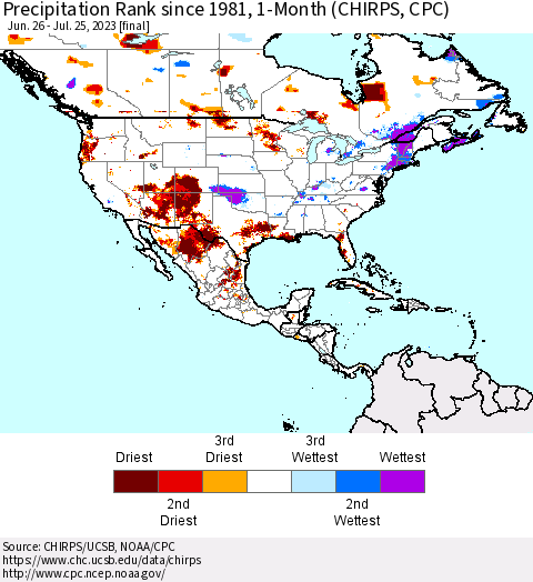 North America Precipitation Rank since 1981, 1-Month (CHIRPS) Thematic Map For 6/26/2023 - 7/25/2023
