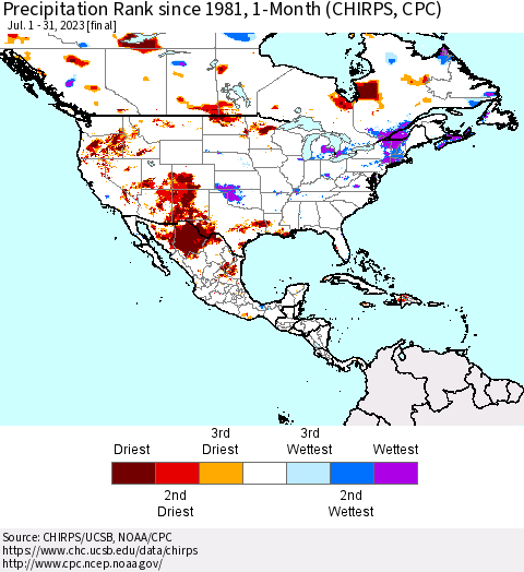 North America Precipitation Rank since 1981, 1-Month (CHIRPS) Thematic Map For 7/1/2023 - 7/31/2023