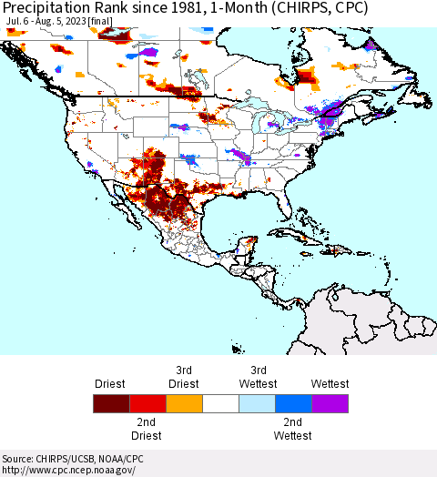 North America Precipitation Rank since 1981, 1-Month (CHIRPS) Thematic Map For 7/6/2023 - 8/5/2023
