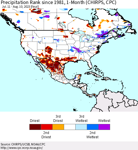 North America Precipitation Rank since 1981, 1-Month (CHIRPS) Thematic Map For 7/11/2023 - 8/10/2023