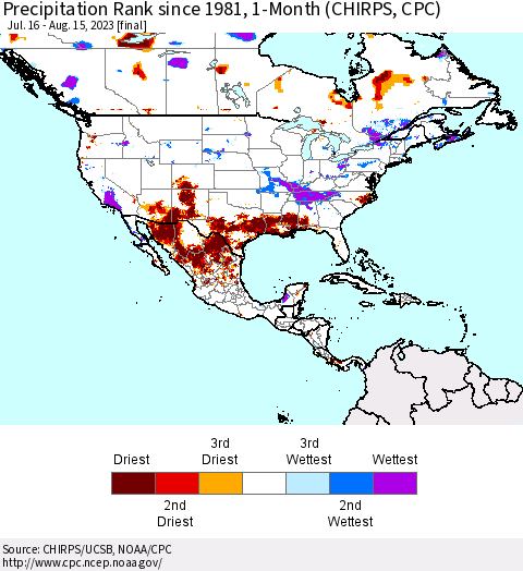 North America Precipitation Rank since 1981, 1-Month (CHIRPS) Thematic Map For 7/16/2023 - 8/15/2023
