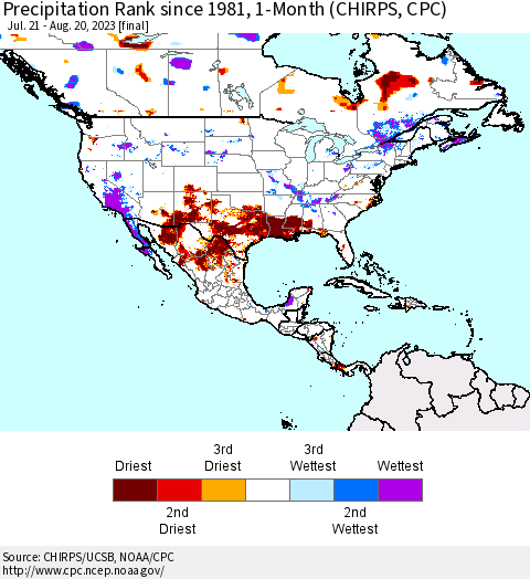 North America Precipitation Rank since 1981, 1-Month (CHIRPS) Thematic Map For 7/21/2023 - 8/20/2023