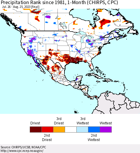 North America Precipitation Rank since 1981, 1-Month (CHIRPS) Thematic Map For 7/26/2023 - 8/25/2023