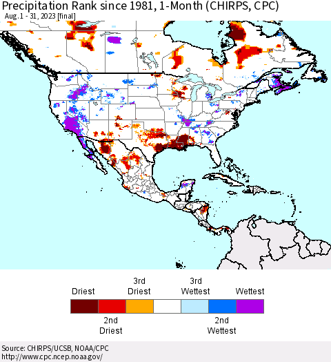 North America Precipitation Rank since 1981, 1-Month (CHIRPS) Thematic Map For 8/1/2023 - 8/31/2023