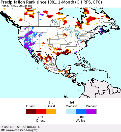 North America Precipitation Rank since 1981, 1-Month (CHIRPS) Thematic Map For 8/6/2023 - 9/5/2023