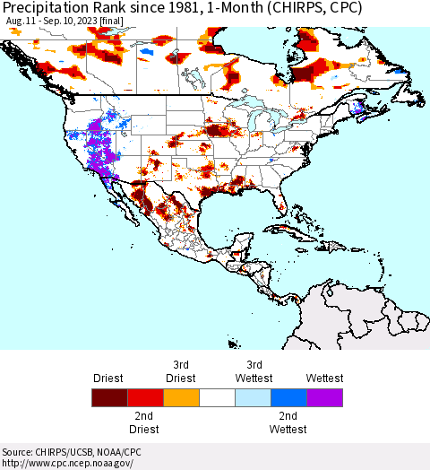 North America Precipitation Rank since 1981, 1-Month (CHIRPS) Thematic Map For 8/11/2023 - 9/10/2023