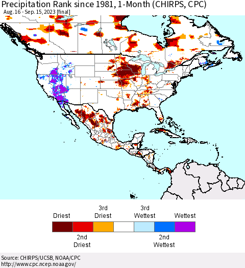 North America Precipitation Rank since 1981, 1-Month (CHIRPS) Thematic Map For 8/16/2023 - 9/15/2023