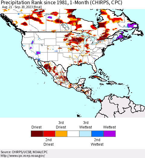 North America Precipitation Rank since 1981, 1-Month (CHIRPS) Thematic Map For 8/21/2023 - 9/20/2023