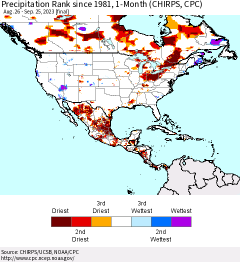 North America Precipitation Rank since 1981, 1-Month (CHIRPS) Thematic Map For 8/26/2023 - 9/25/2023