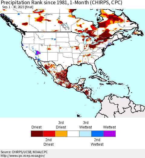 North America Precipitation Rank since 1981, 1-Month (CHIRPS) Thematic Map For 9/1/2023 - 9/30/2023