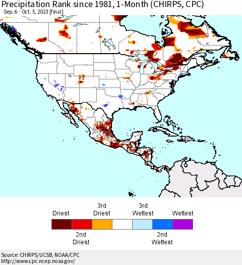 North America Precipitation Rank since 1981, 1-Month (CHIRPS) Thematic Map For 9/6/2023 - 10/5/2023