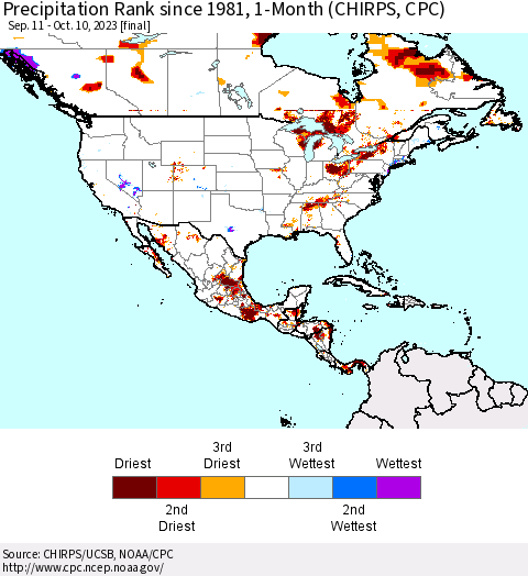 North America Precipitation Rank since 1981, 1-Month (CHIRPS) Thematic Map For 9/11/2023 - 10/10/2023