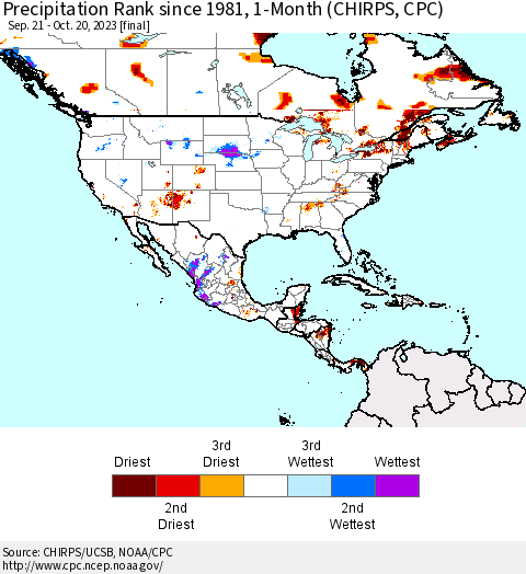 North America Precipitation Rank since 1981, 1-Month (CHIRPS) Thematic Map For 9/21/2023 - 10/20/2023