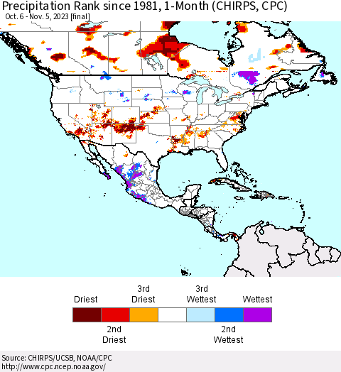 North America Precipitation Rank since 1981, 1-Month (CHIRPS) Thematic Map For 10/6/2023 - 11/5/2023
