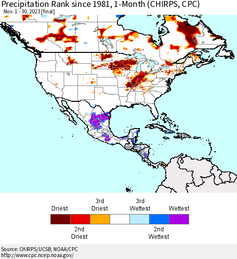 North America Precipitation Rank since 1981, 1-Month (CHIRPS) Thematic Map For 11/1/2023 - 11/30/2023