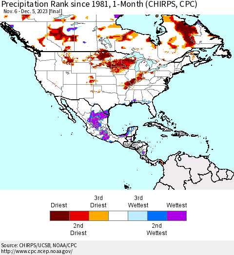North America Precipitation Rank since 1981, 1-Month (CHIRPS) Thematic Map For 11/6/2023 - 12/5/2023