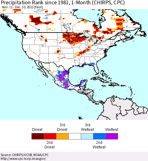 North America Precipitation Rank since 1981, 1-Month (CHIRPS) Thematic Map For 11/11/2023 - 12/10/2023