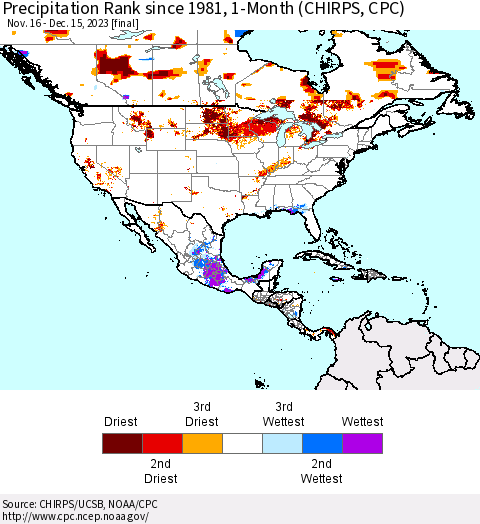 North America Precipitation Rank since 1981, 1-Month (CHIRPS) Thematic Map For 11/16/2023 - 12/15/2023