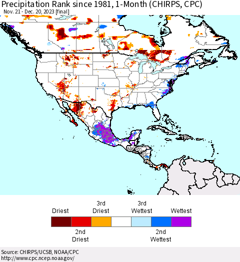 North America Precipitation Rank since 1981, 1-Month (CHIRPS) Thematic Map For 11/21/2023 - 12/20/2023