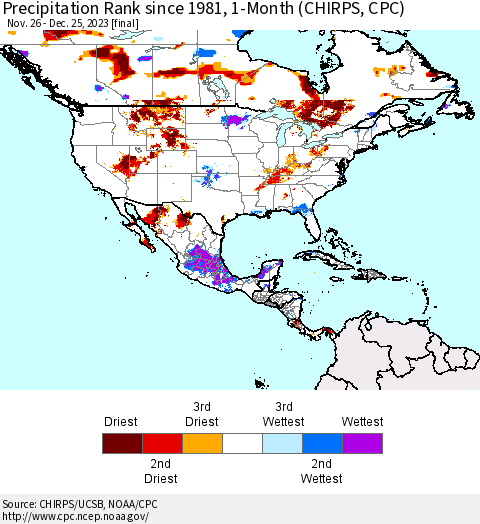 North America Precipitation Rank since 1981, 1-Month (CHIRPS) Thematic Map For 11/26/2023 - 12/25/2023