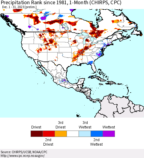 North America Precipitation Rank since 1981, 1-Month (CHIRPS) Thematic Map For 12/1/2023 - 12/31/2023