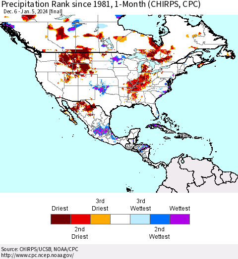 North America Precipitation Rank since 1981, 1-Month (CHIRPS) Thematic Map For 12/6/2023 - 1/5/2024